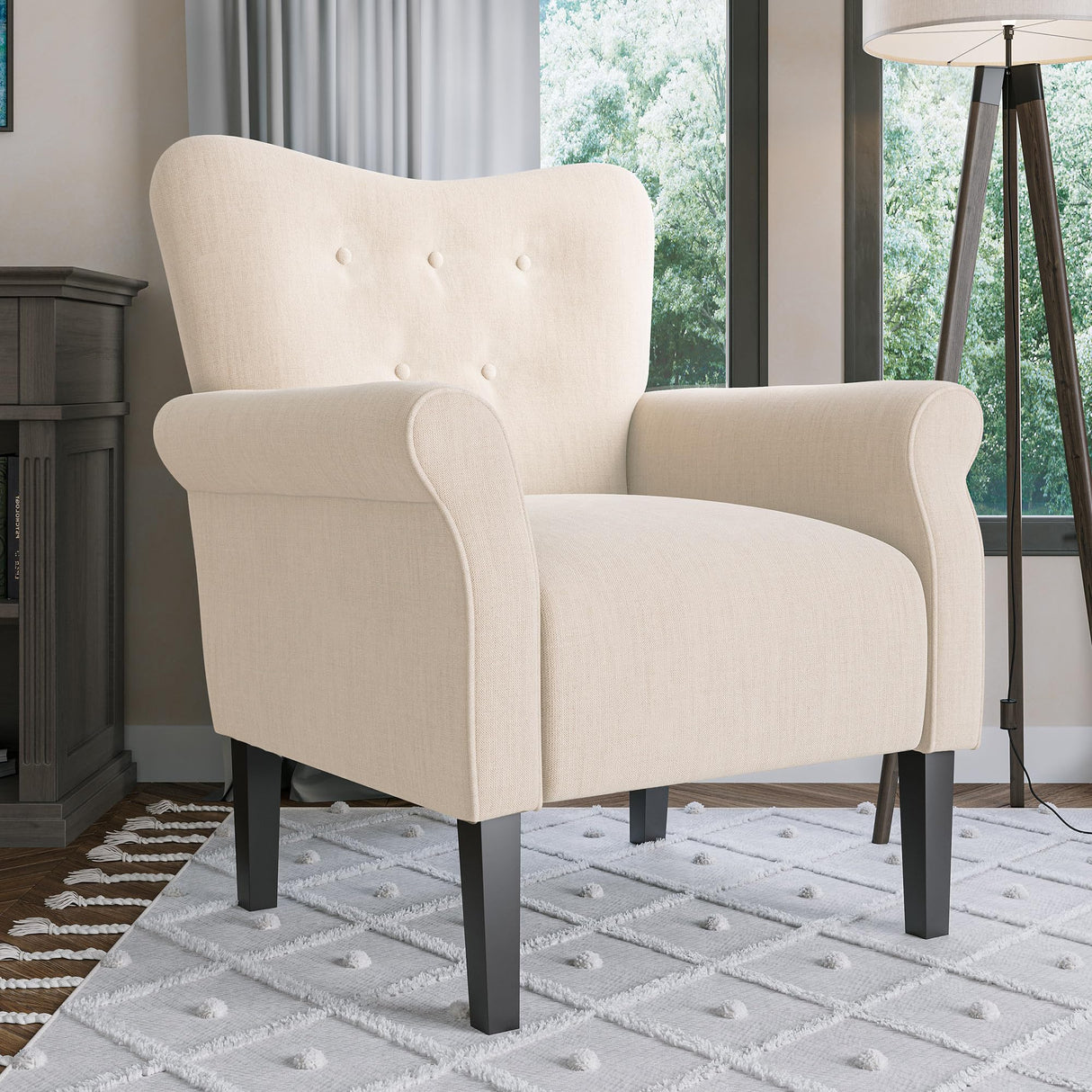 BELLEZE Modern Accent Chair, High Back Armchair, Upholstered Wingback Side Chair, Padded Single Sofa with Wooden Legs for Living Room, Bedroom - Beige BELLEZE