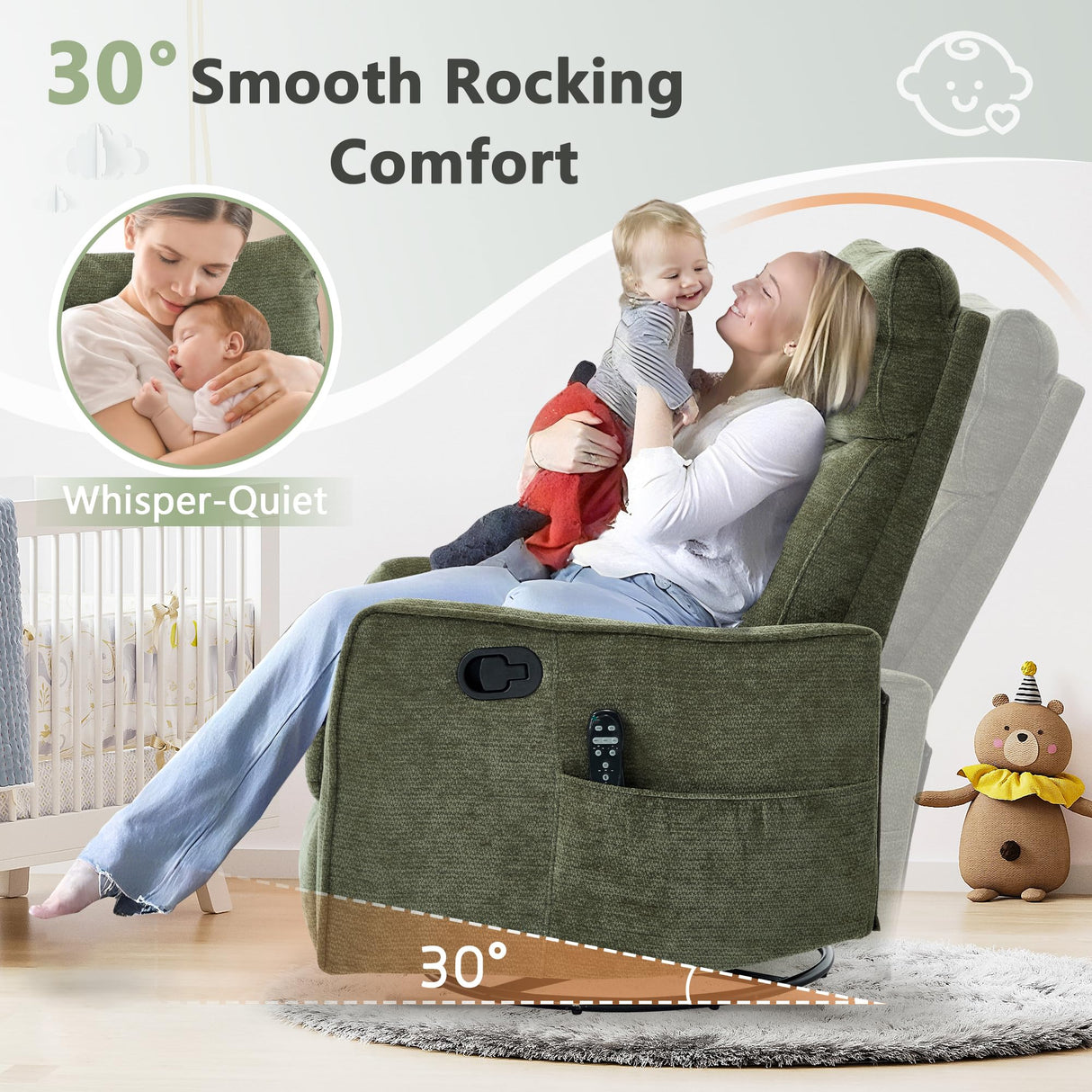 cinkehome Swivel Rocker Recliner, Glider Rocking Recliner Chair for Nursery, Manual Reclining Chair with Heated Massage, Small Spaces, Living Room, Olive Green Chenille cinkehome