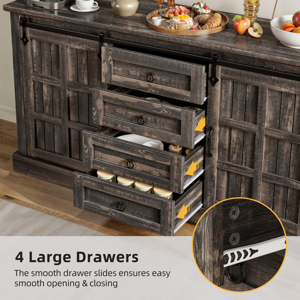 DWVO Farmhouse Sideboard Buffet Cabinet with Storage, Large Kitchen Cabinet w/Sliding Barn Doors and 4 Drawers, for Dining Room, Dark Rustic Oak DWVO