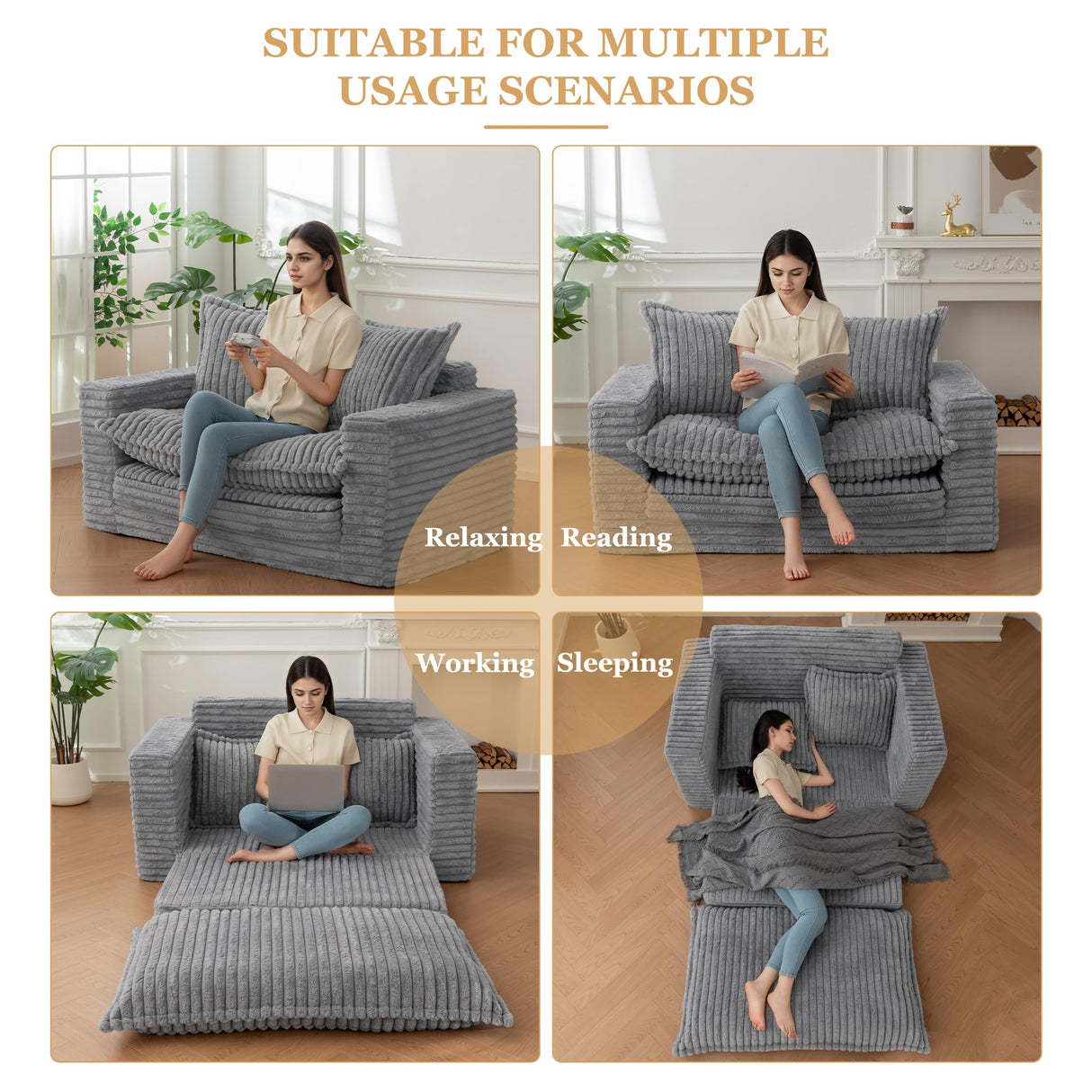 Loveseat Sleeper Sofa, Convertible Sofa Bed Couch Futon Couches for Living Room, 3-in-1 Pull Out Floor Couch with Washable Cushion and Pillows, Dark Grey YOSHOOT