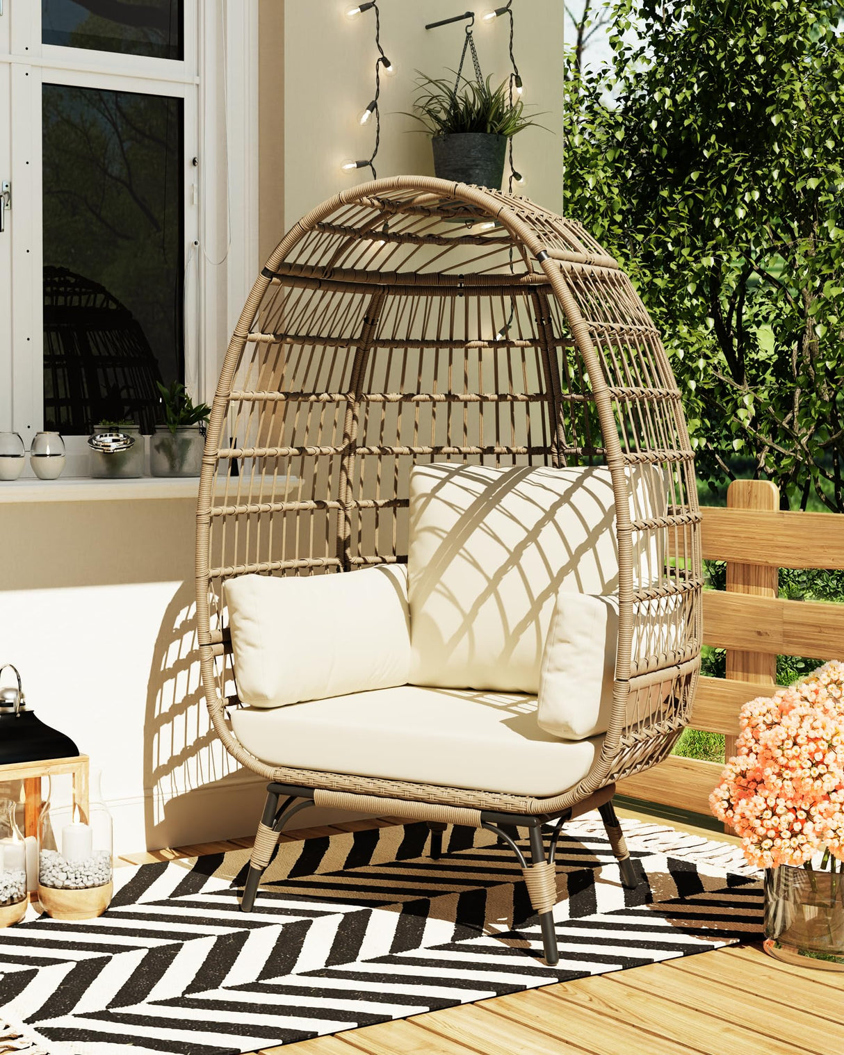 Oversized Wicker Egg Chair Outdoor, Patio Lounge Chair with Ultra Luxury Cushions & Steel Frame, 350LBs Capacity Egg Chair Indoor Outdoor for Balcony, Patio, Living Room, White GAOMON