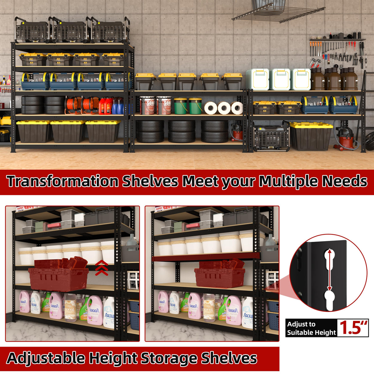 BuxWellBang 48" W x 18" D x 72" H Adjustable Garage Storage Shelves - 5-Shelf Heavy Duty Shelving Unit, Metal Utility Storage Organizer Racks for Warehouse Pantry Closet Kitchen, Black BuxWellBang