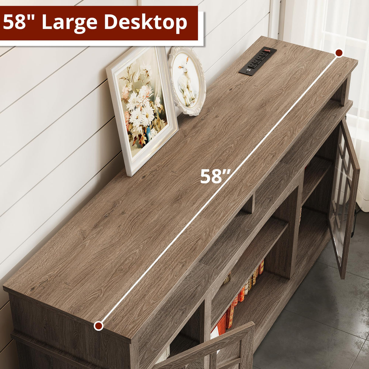 IRONCK Farmhouse TV Stand for 65 Inch TV, 32“Tall Entertainment Center with Power Outlets, Rustic TV Cabinet with Glass Door Media Console, TV Console for Living Room, Light Rustic Oak IRONCK