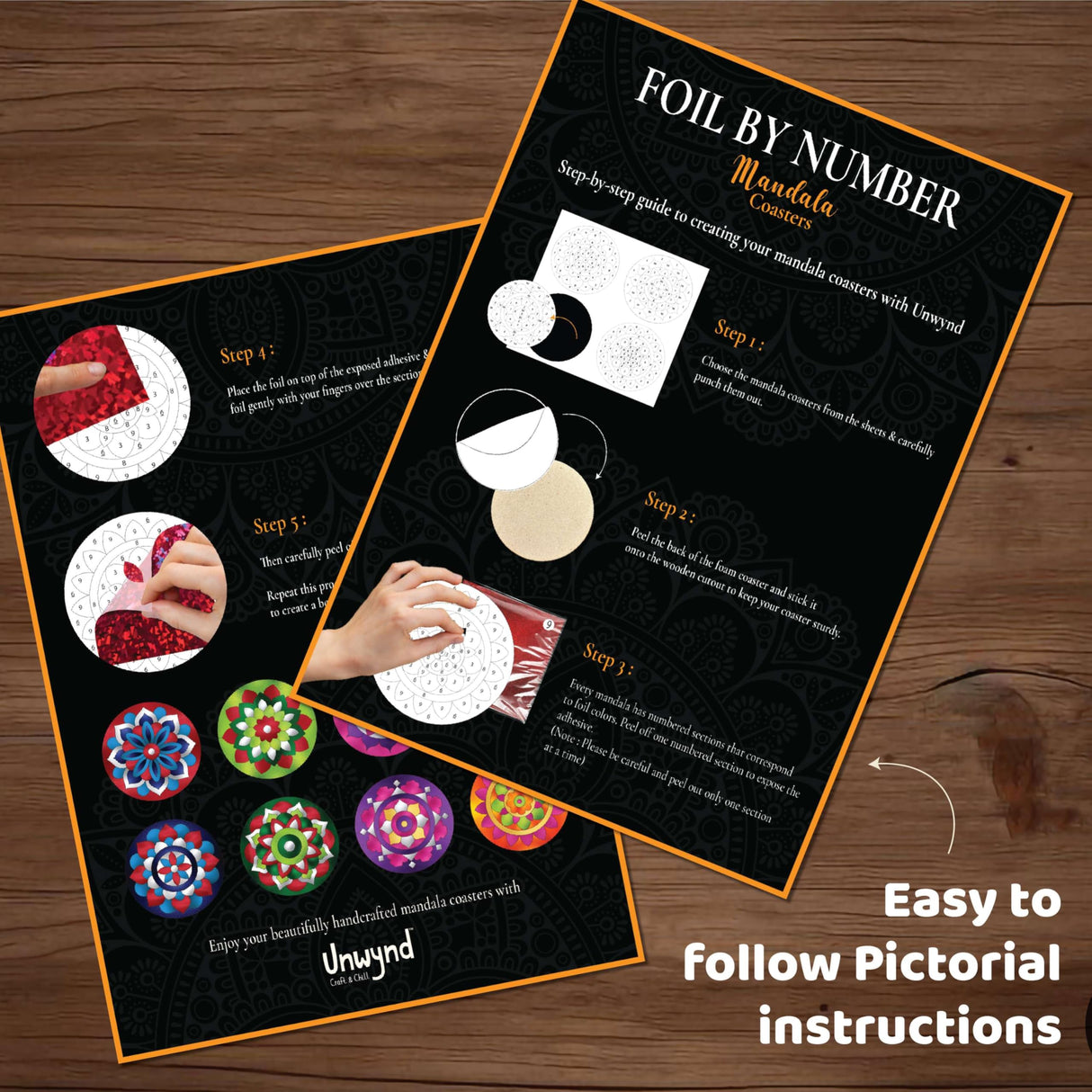 Unwynd Foil by Number Mandala Coaster Kit, 8 Pc DIY Foil Art Kit for Adults, Just Like Paint by Number Kits, Relaxing Arts & Crafts Coaster Set, Craft Gift for Teen & Women Unwynd