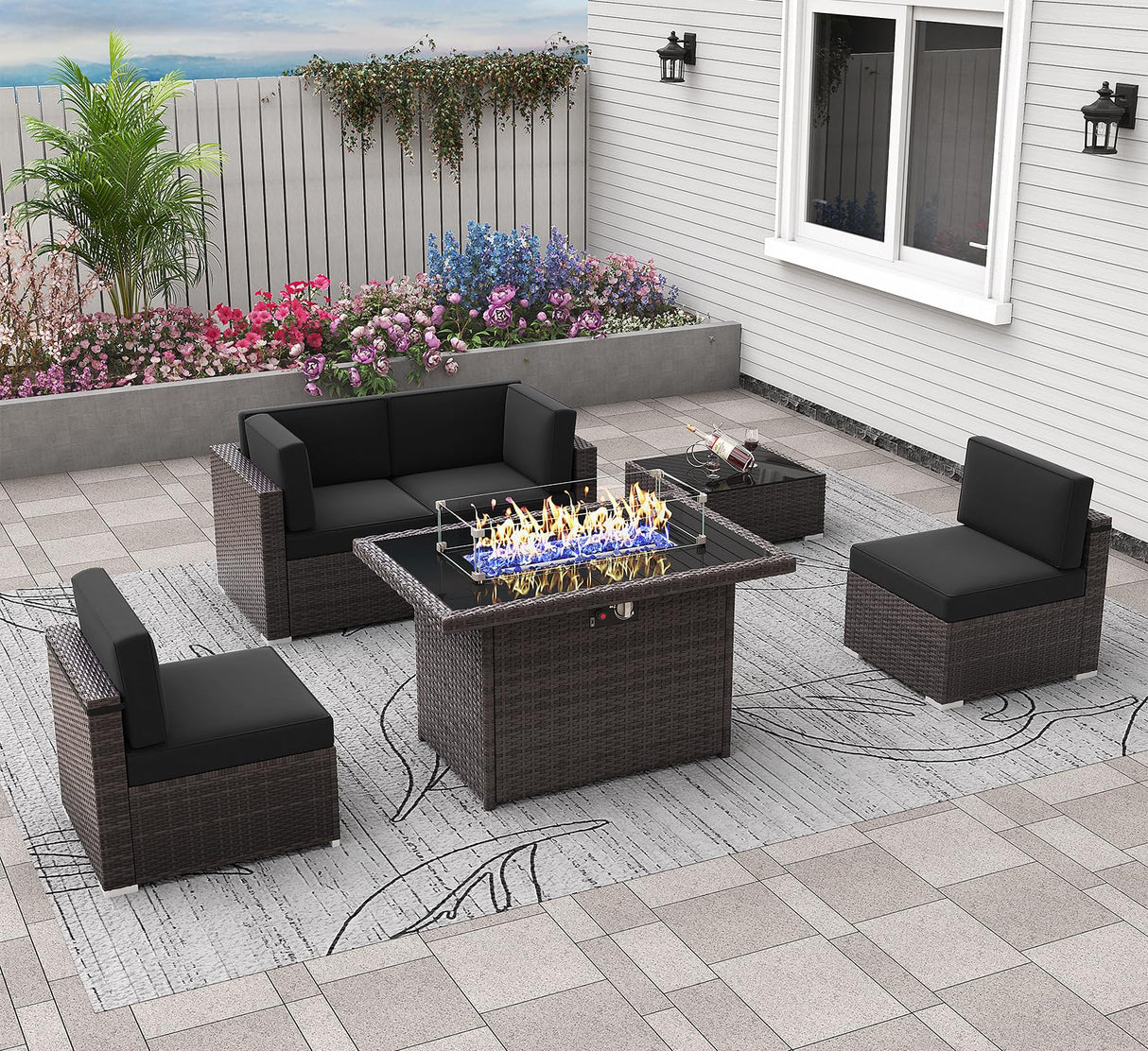 Vakollia 6 Pieces Patio Furniture Set with 44" Propane Gas Fire Pit Table, Outdoor Sectional Brown Rattan Wicker Conversation Sofa Sets with Coffee Table Vakollia