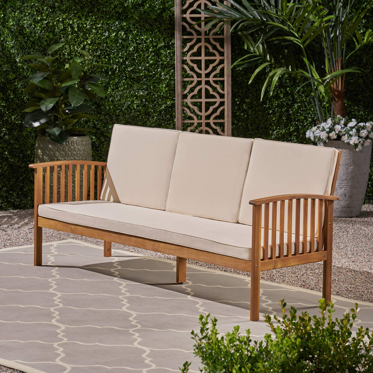 Christopher Knight Home Breenda Outdoor Acacia Wood Sofa with Cushions, Teak Finish, Cream Christopher Knight Home