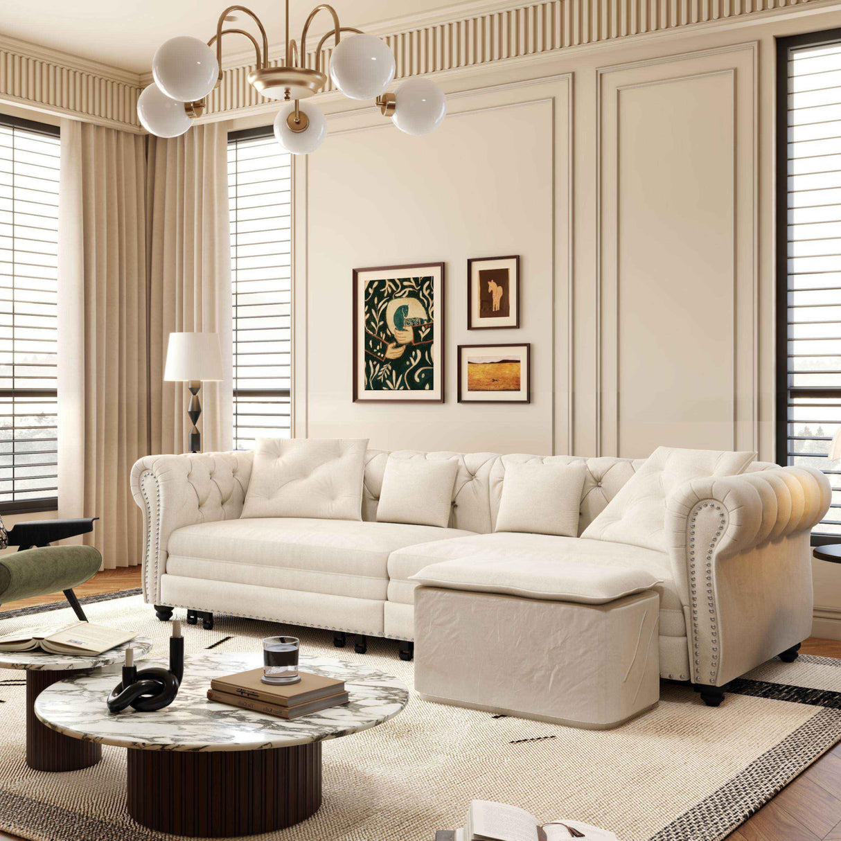 LuxyHoom 89" King Pull Out Sofa Bed, Velvet Chesterfield Sleeper Sofa Couch, 3 in 1 Convertible Tufted Futon Couches with Ottoman for Living Room, Small Space, Apartment, Office, Bedroom, Beige LuxyHoom