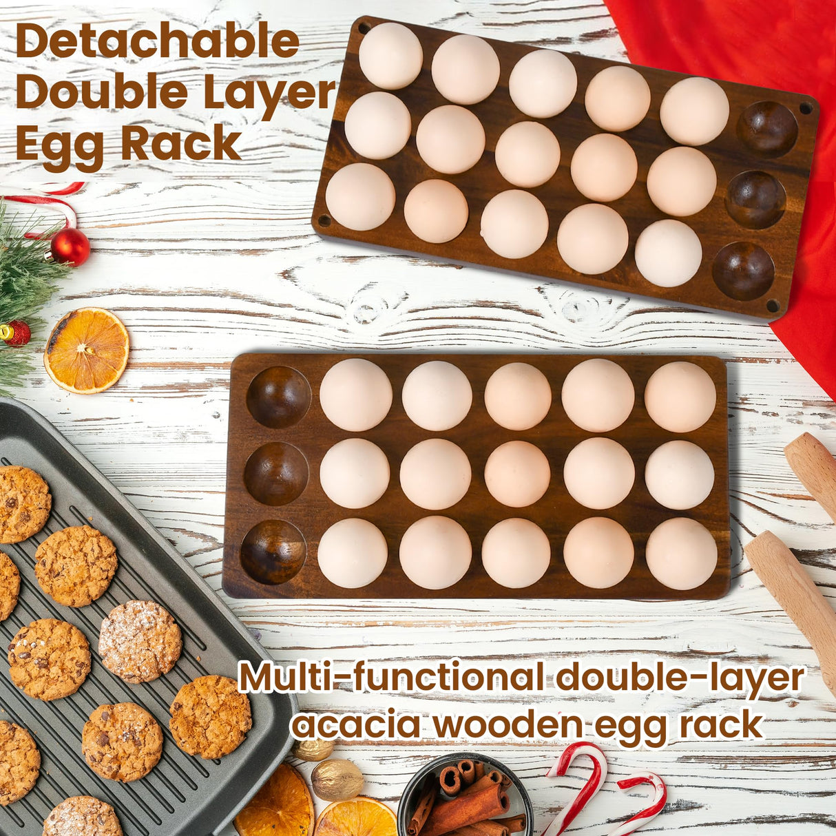 Wooden Double Layer Egg Holder - Farmhouse Kitchen Acacia Egg Tray Organizer - 2 Tier Fresh Egg Storage Rack Basket for Countertop, 36 Capacity Sishynio