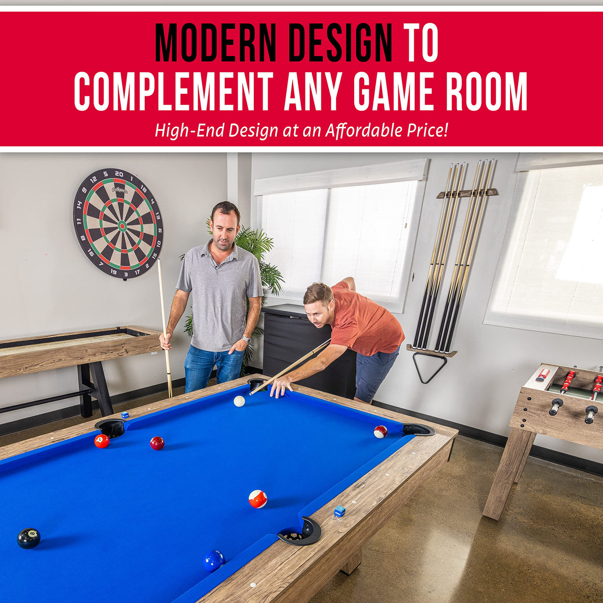 GoSports 7 ft Pool Table with Wood Finish - Modern Billiards Table with 2 Cue Sticks, Balls, Rack, Felt Brush and Chalk - Choose Your Style GoSports