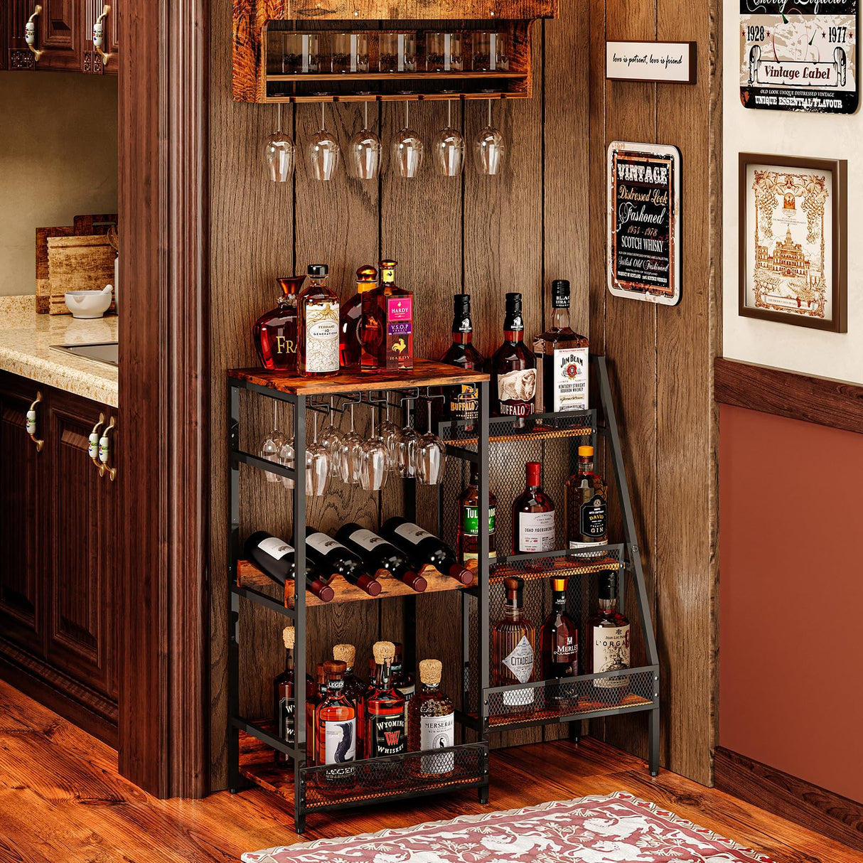Versatile Liquor Stand for Home Bar, Wine Rack Freestanding Floor, Mini Bar Table for Liquor Whiskey Wine, 3-Tier Trapezoidal Liquor Bottle Display Shelf with Glass Holder and Fences(Patent Pending) Hayexiha