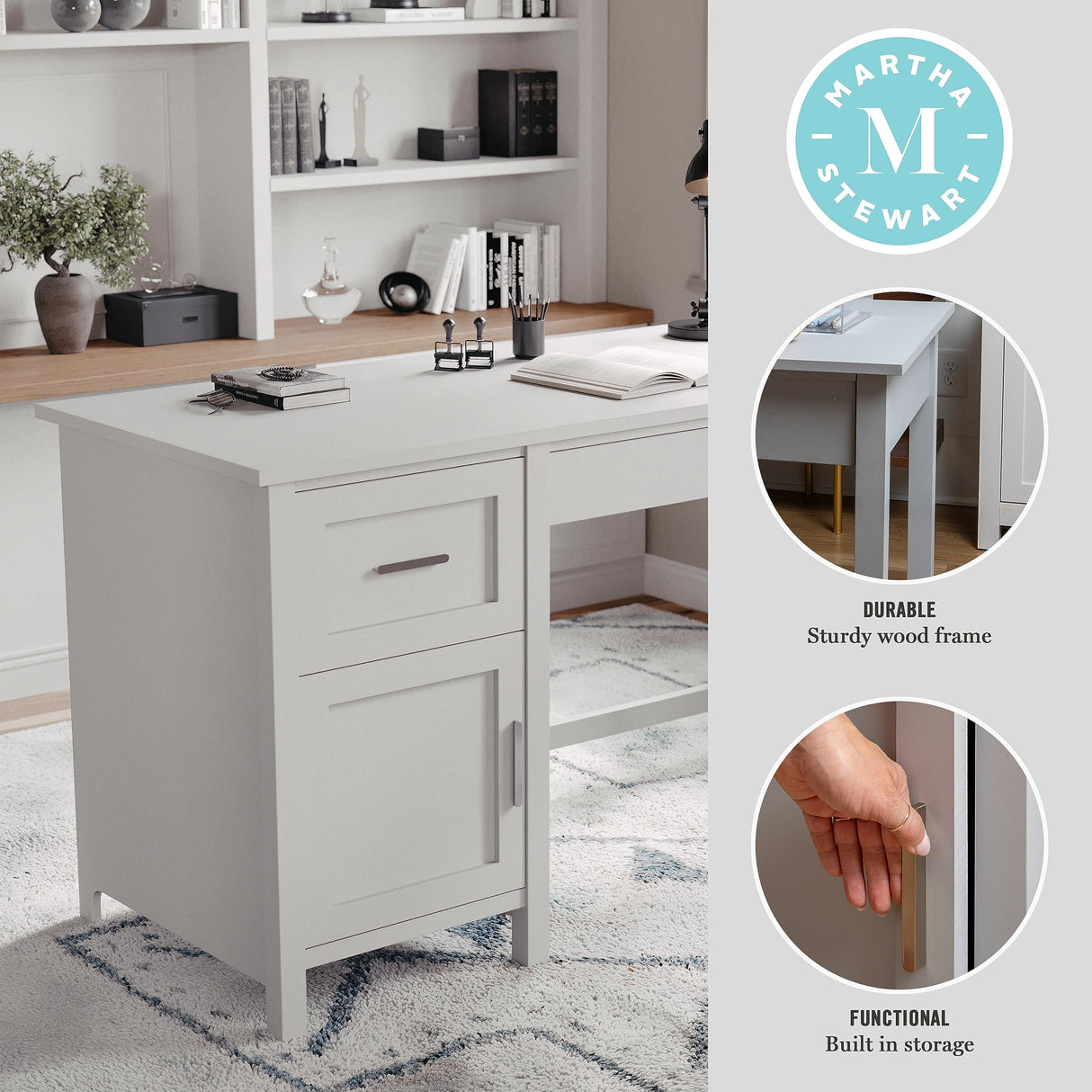 Martha Stewart Hutton Shaker Style Home Office Desk with Storage in Gray with Brushed Nickel Hardware Martha Stewart