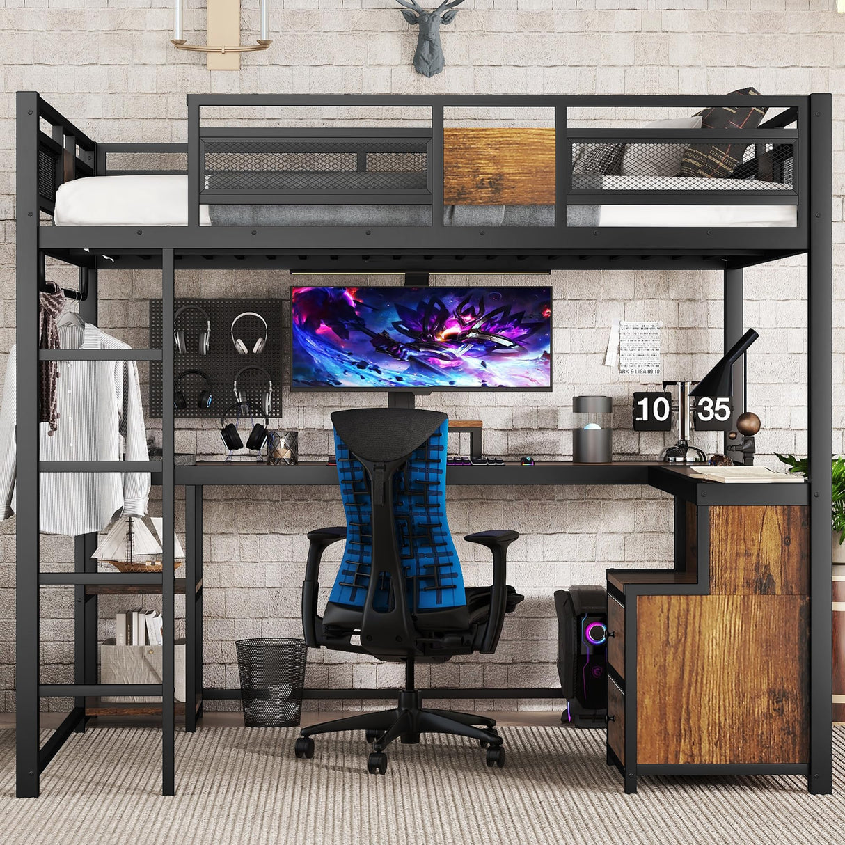 Ball & Cast Queen Size Loft Bed with L Shaped Desk and Storage Drawers, Metal Loft Bed Frame with Safety Rails & Ladders for Kids Teens Adults, Nosie-Free,No Box Spring Needed,Easy Assembly,Black Ball & Cast