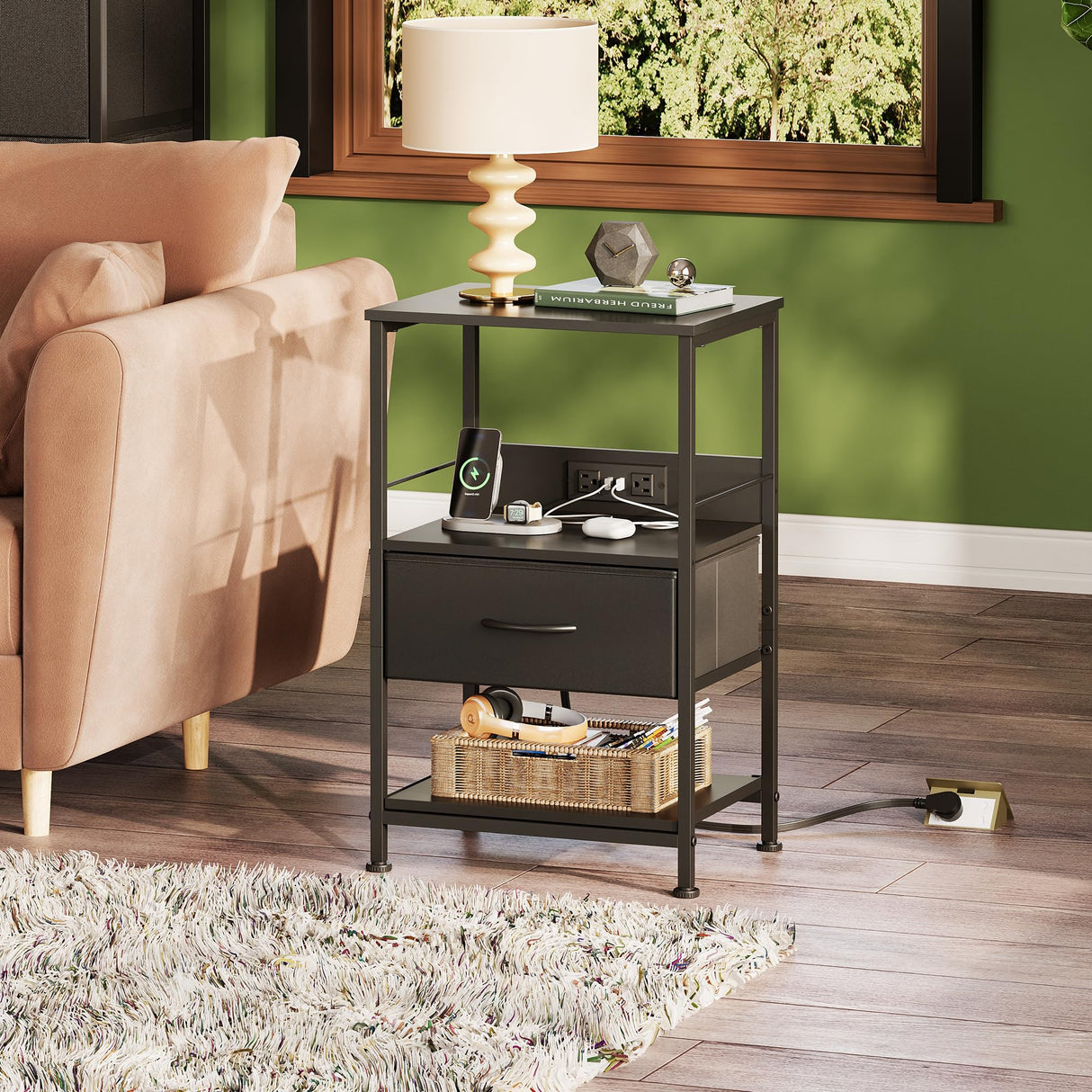 WLIVE Night Stand with Charging Station, LED Nightstand with Adjustable Fabric Drawer, 3-Tier Storage Bedside Table, Small End Side Tables for Bedroom, Black WLIVE