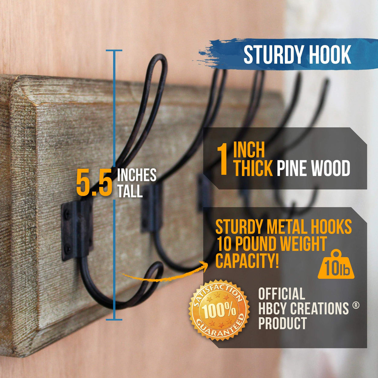 HBCY Creations Weathered Rustic Coat Rack Wall Mount with 5 Hooks, Solid Pine Wood 24 inch Wall Hooks for Entryway, Mudroom, Hallway, Bathroom - Vintage Farmhouse Style Wall Mounted Towel Rack HBCY Creations