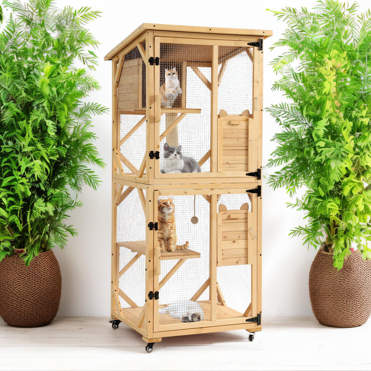 GIODIR 71" H Cat Catio Outdoor Cats Enclosure Window, 4 Tiers Cat Wooden House Cage on Wheels, Large Catios for Cats Indoor Patio with Waterproof Roof, Removable Floor and Scratching Post (Natural) GIODIR