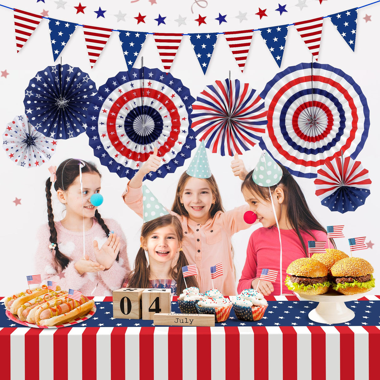 HOOSUN Patriotic 4th of July Decorations Set, 9 Pcs Red White and Blue Paper Fans, USA Pennant Bunting, Star Streamers, Patriotic Tablecloth for Fourth of July Party Supplies, Memorial Day Decor HOOSUN