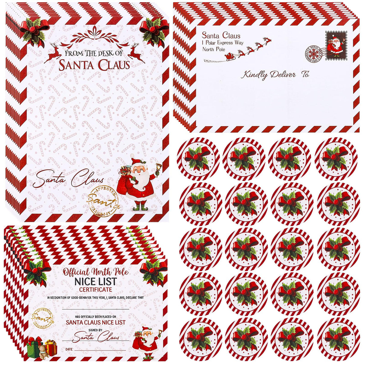 AnyDesign 15 Sets Christmas Official Letters Certificate from Santa Claus Include 15Pcs Red White Stripes Writing Letter 15Pcs Nice List Certificate 15 Envelopes and 30 Stickers for Family Party Favor AnyDesign