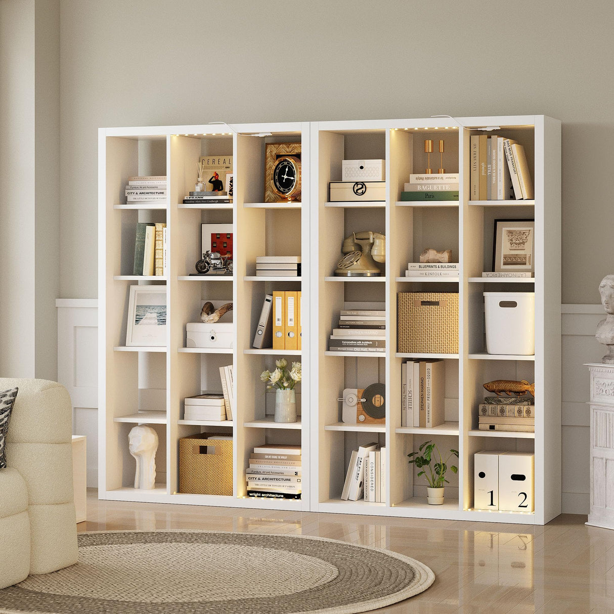 IRONCK 15 Cube Bookcase Storage Shelf Organizer with LED Lights, 5 Tier Bookshelves and Bookcases Display Shelves, Horizontally or Vertically Use, White IRONCK