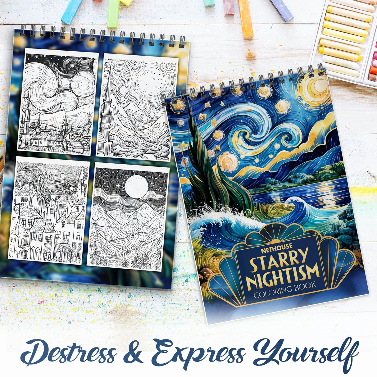 NETHOUSE Starry Nightism Coloring Book for Adults Relaxation & Stress Relief, 30 Coloring Pages of Whimsical Celestial Nights, Dreamy Nightscapes, Celestial Patterns, Cosmic Art NETHOUSE