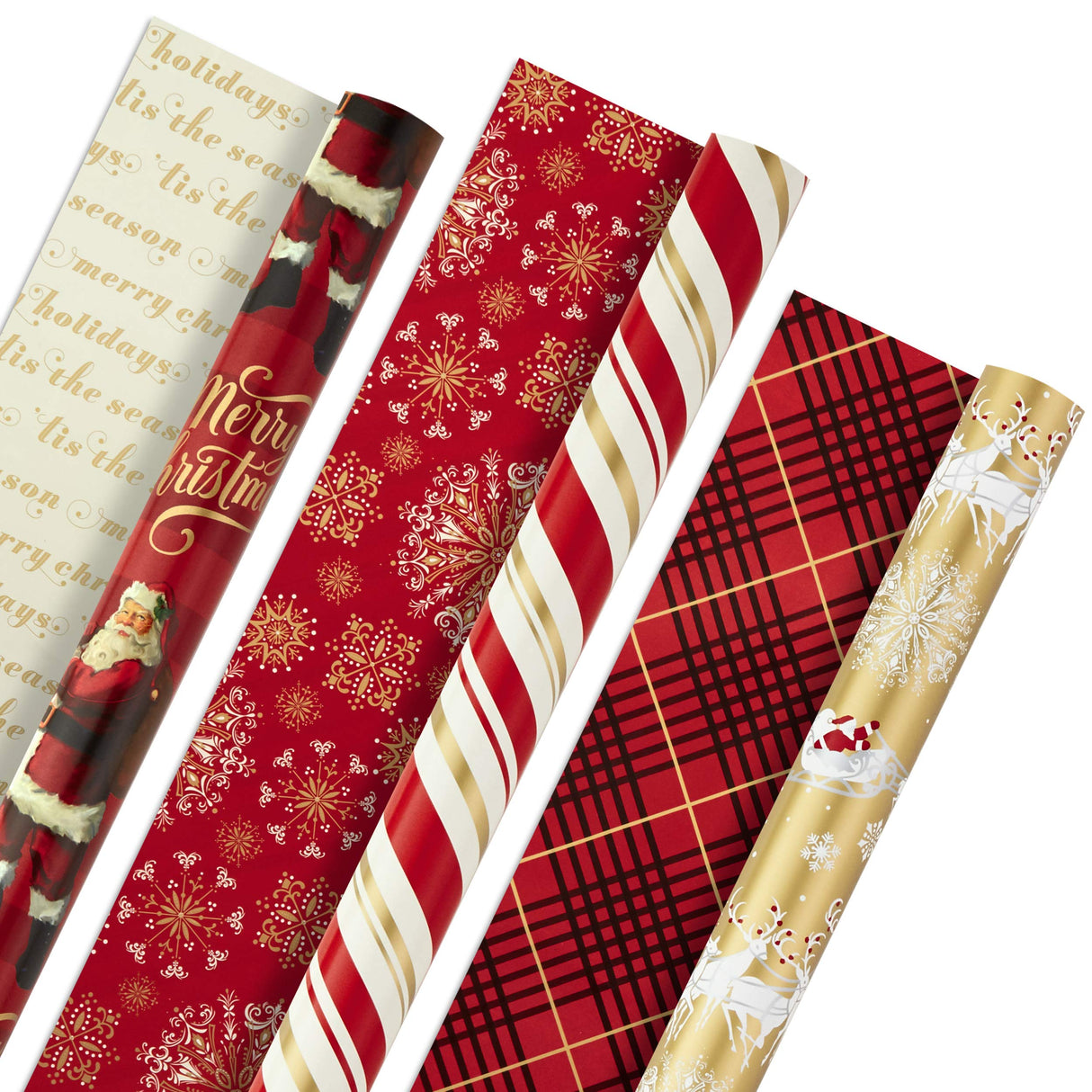 Hallmark Christmas Wrapping Paper Rolls - Traditional Holiday Gift Wrap Paper (Set of 3 Reversible Rolls: 120 sq. ft. ttl.) Red and Gold Snowflakes, Stripes, Plaid, Santa's Sleigh Hallmark