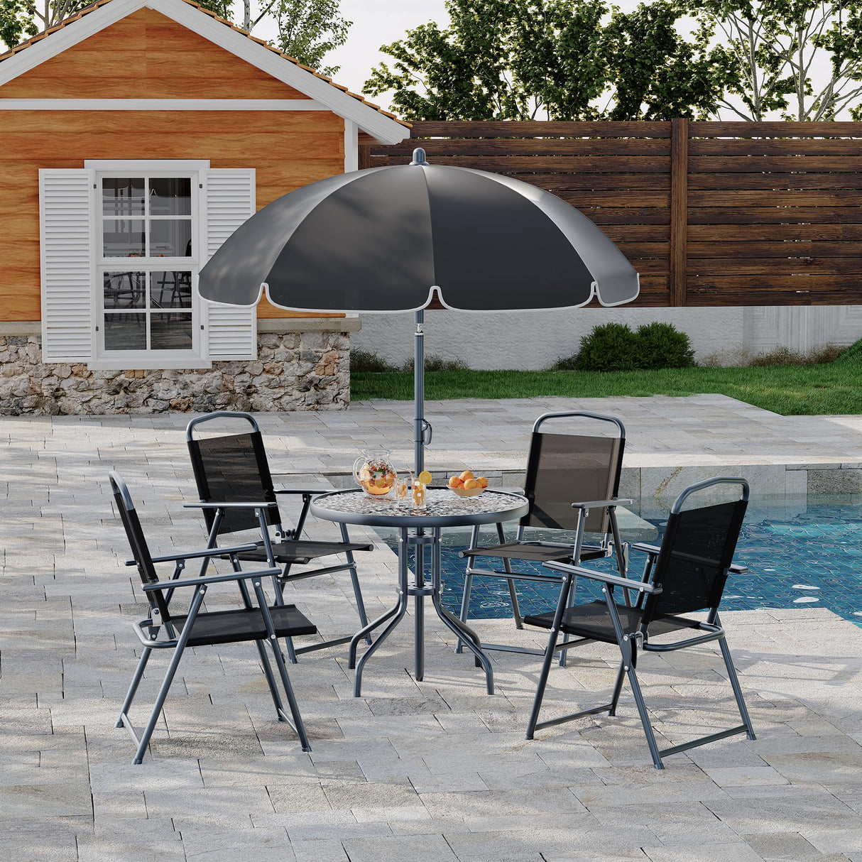 6 Pieces Outdoor Dining Set With Umbrella, Patio Table and 4 Folding Chairs With Umbrella, Garden Patio Furniture Set With Umbrellas, Tempered Glass Top Dining Table Reljofum