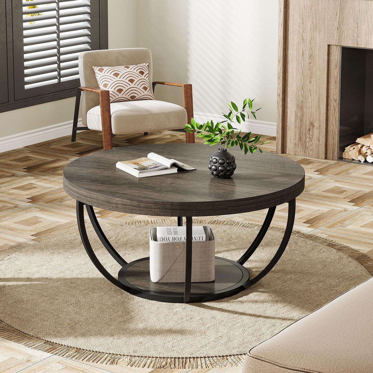 Tribesigns Round Coffee Table, 31.7" Wooden 2-Tier Circle Coffee Table with Storage Shelves, Modern Accent Cocktail Table Center Table for Living Room, Grey