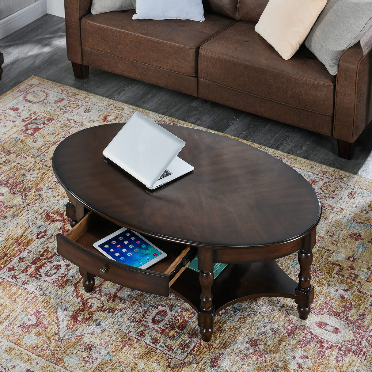 JESONVID Solid Wood Oval Coffee Table with Drawer and Storage Shelf, 44.9" Traditional Retro Center Table Polished Edging Cocktail Tea Table for Living Room Bedroom Home, Vintage Walnut JESONVID