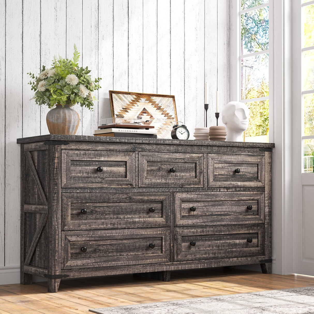 EnHomee Dresser for Bedroom with 7 Drawers Wood Dresser with Smooth Metal Rail Long Dressers & Chests of Drawers Farmhouse Dresser for Bedroom Dresser TV Stand for Bedroom, Closet, Dark Rustic Oak EnHomee