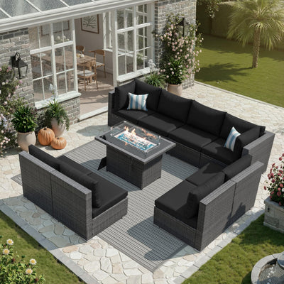 NICESOUL 9 Piece Extra Large Outdoor Patio Furniture Conversation Set with Fire Pit Natural Gas/Propane, 29.3'' High Back Modular Deep Seat Sectional Sofa Set for Outside, 2 Color Cushion Black&Gray