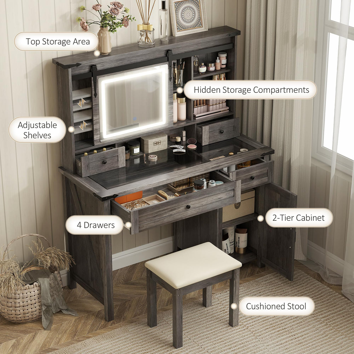 HOMCOM Farmhouse Vanity Desk with Mirror, LED Lights Makeup Vanity Table with 42 Inch Glass Tabletop, Cushioned Stool, Drawers & Shelves & Cabinet, Rustic Dressing Table Set for Bedroom, Gray HOMCOM