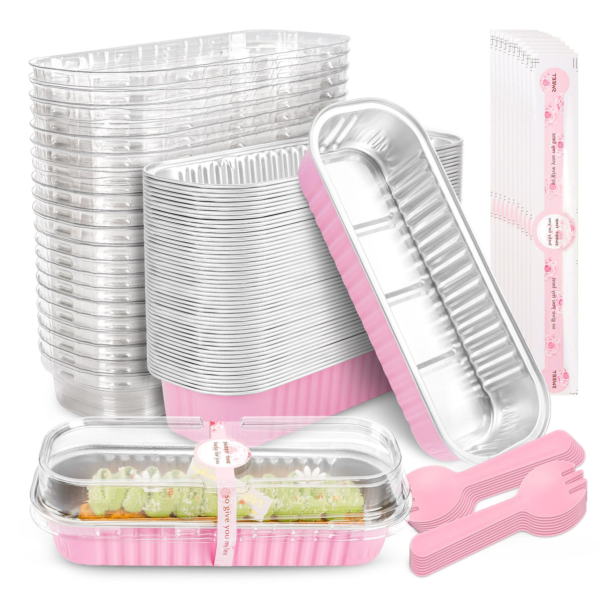 NPLUX 50 PACK Mini Cake Pans with Lids and Spoons,Rectangular Aluminum Foil Bread Pan,Mini Loaf Pans and Food Containers with Lids(Pink,6.8oz) NPLUX