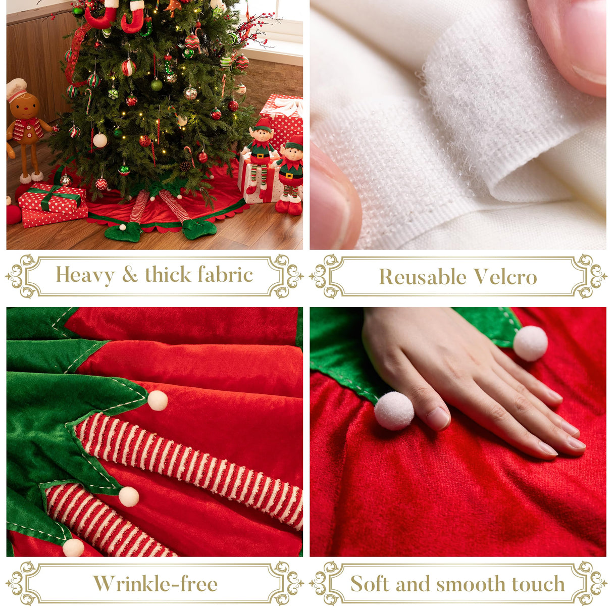 Valery Madelyn Elf Christmas Tree Skirt for Tree Decorations, 36 Inch Fabric Delightful Red Green Small Xmas Velvet Tree Skirt with 3D Elf Legs and Ripple Trim for Tree Merry Christmas Party Decor Valery Madelyn