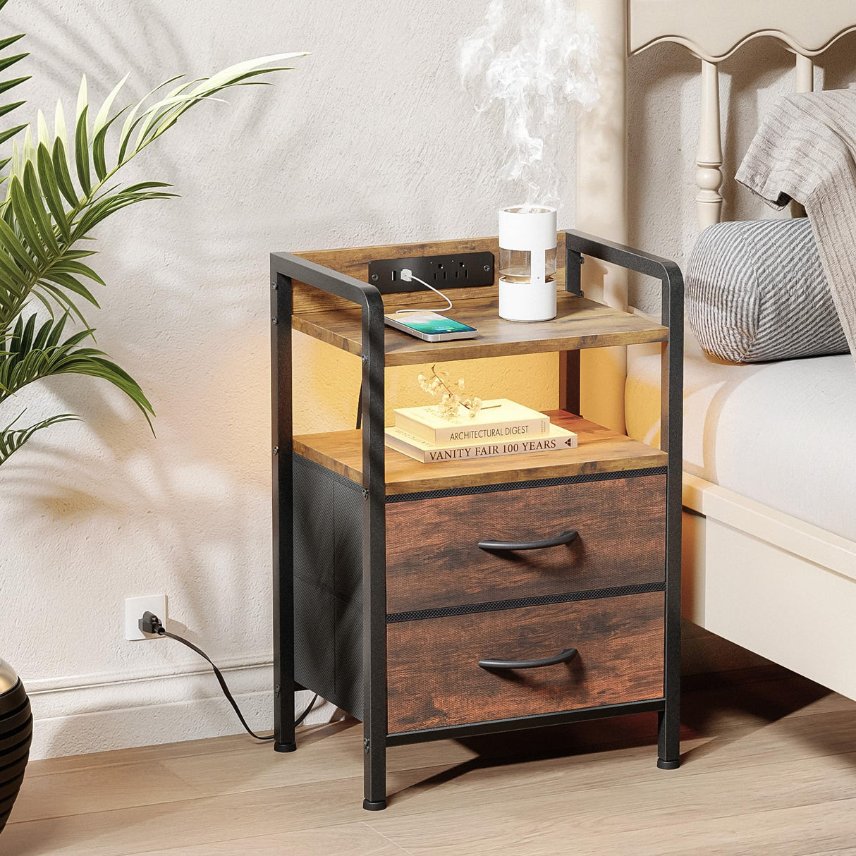 Night Stand Bedside Table Bedroom - Nightstand with Charging Station, Bed Side Table with LED Light Strip, End Table with U-S-B Ports & AC Outlets, Storage Shelf & 2 Fabric Drawers, Rustic Brown Lazzanto
