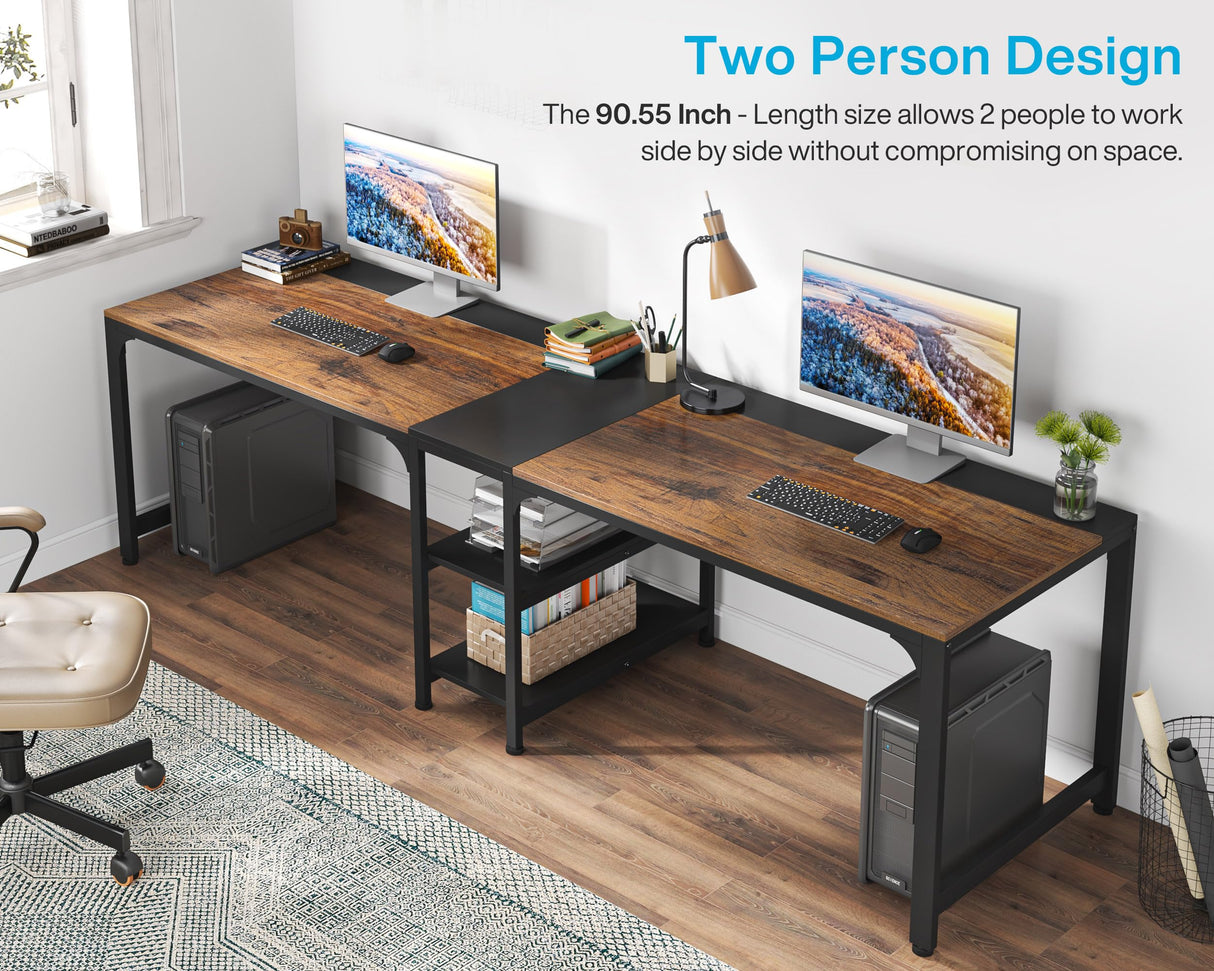 Tribesigns 90.55'' 2 Person Desk with Storage Shelves, Double Computer Desk with Spacious Desktop, Extra Long Study Writing Table Workstation for Home Office (Black & Brown) Tribesigns