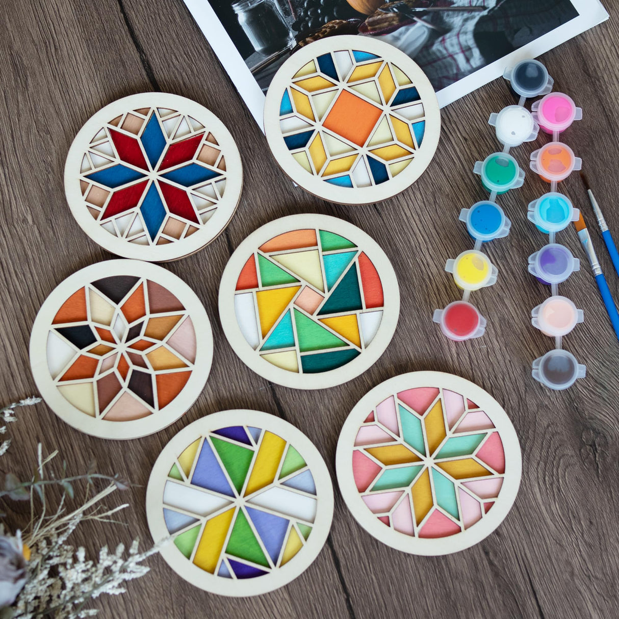 Temlum Wooden Coasters Painting Kit, Paint You Own Coaster Wooden Painting Craft Kit for Adults and Beginners Art Craft Supplies Temlum