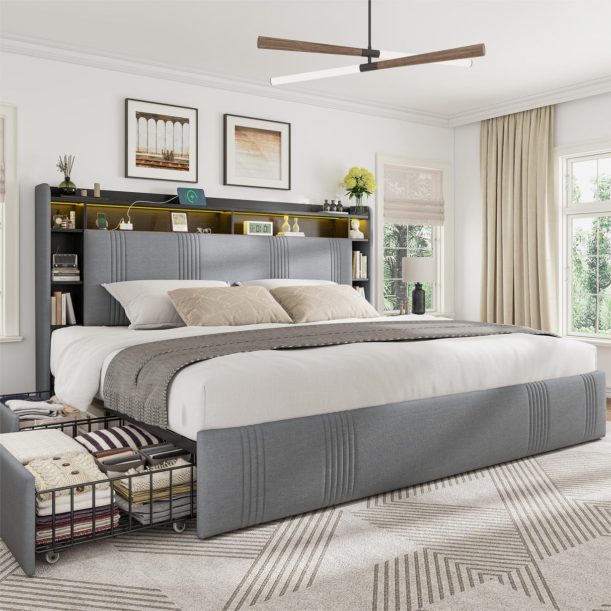 EnHomee King Size Bed Frame with 4 Storage Drawers, Upholstered Platform King Bed Frame and Headboard, King Bed Frame with LED Lights & Charging Station, Noise Free,No Box Spring Needed,Beige, Grey EnHomee