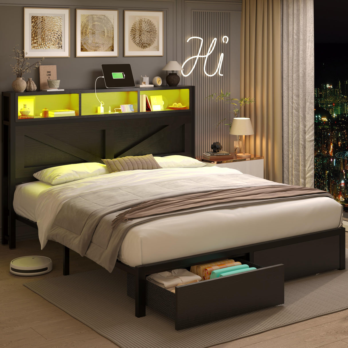 Farmhouse Queen Bed Frame with Bookcase Headboard and Storage Drawers, LED Lights and Charging Station, No Box Spring Needed, Noise Free, Black Fastroby