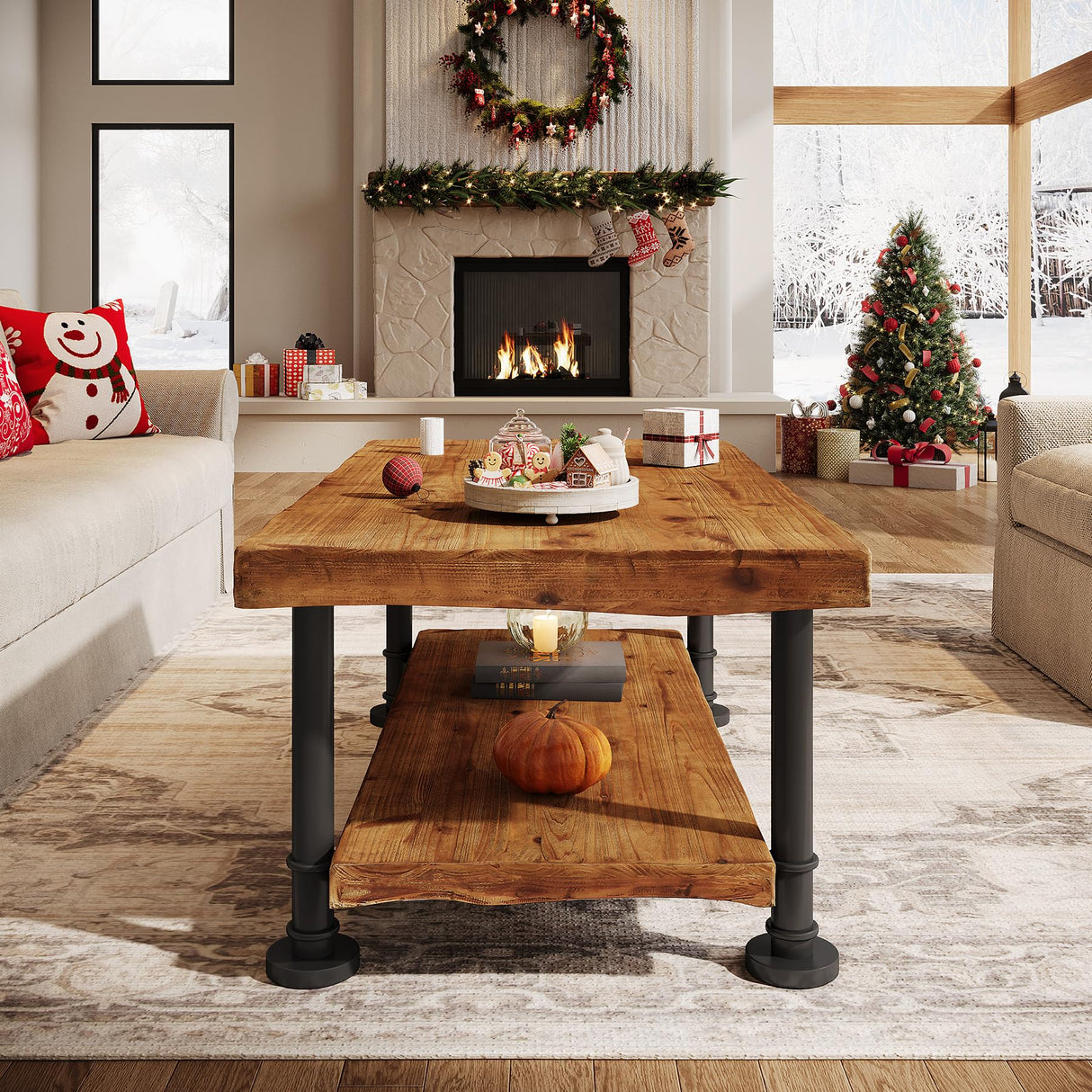 TRIBEWOOD Farmhouse Coffee Table, Wood Coffee Table with Storage, 2-Tier Live Edge Shelf, Metal Legs, 47" Rectangle Center Table for Living Room, Lounge, Brown and Black TRIBEWOOD
