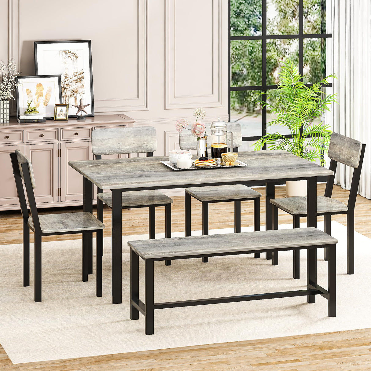AWQM 6-Piece Dining Set, Modern Dining Table Set for 4-6,Kitchen Table Set with Chairs and Bench,Dining Room Table Set with Metal Frame & MDF Board, Table & Chairs Set for Small Space,Apartment,Grey AWQM