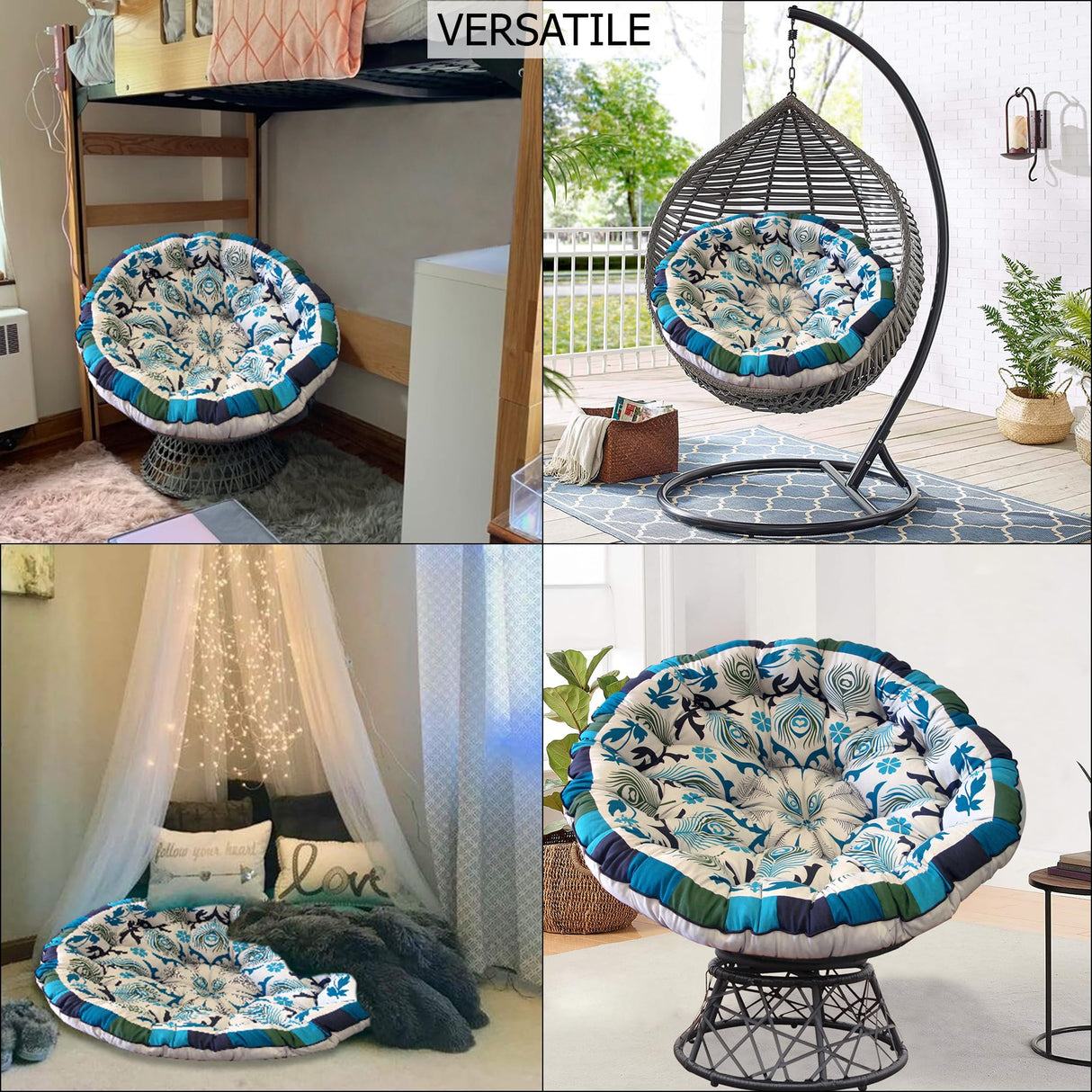 COTTON CRAFT Papasan - Polly Peacock - Blue - Overstuffed Chair Cushion, Sink into Our Thick Comfortable and Oversized Papasan, Pure Cotton Duck Fabric, Fits Standard 45 inch Round Chair COTTON CRAFT