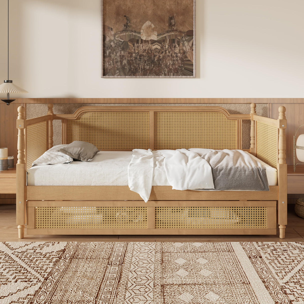 RuiSiSi Traditional Style Twin Size Rattan Daybed, Wood Daybed with 2 Drawers, Twin Daybed for Small Space Guestroom Bedroom, No Box Spring Needed, Antique Walnut RuiSiSi