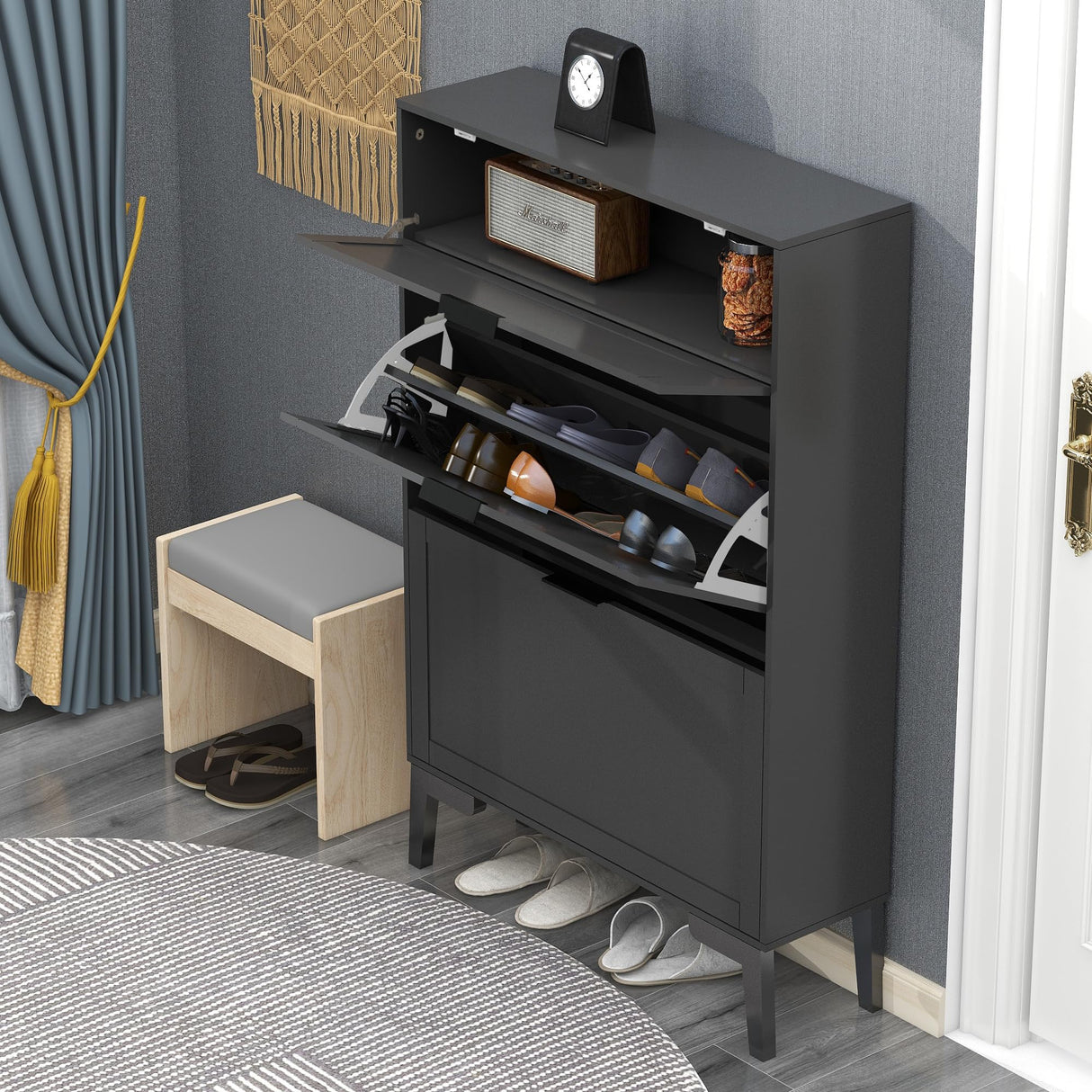 TaoHFE Modern Shoe Cabinet for Entryway - Black Wooden Hidden Shoe Cabinet - Narrow Free Standing 3 Tier Rack TaoHFE