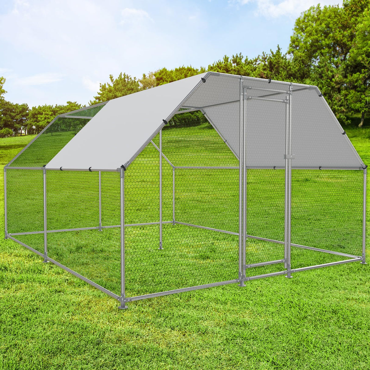 NUGRIART Large Metal Chicken Coop Walk-in Poultry Cage with Water-Resident and Anti-UV Cover Duck Rabbit Cat House Outdoor Chicken Run Pen with Flat Roof Cage NUGRIART