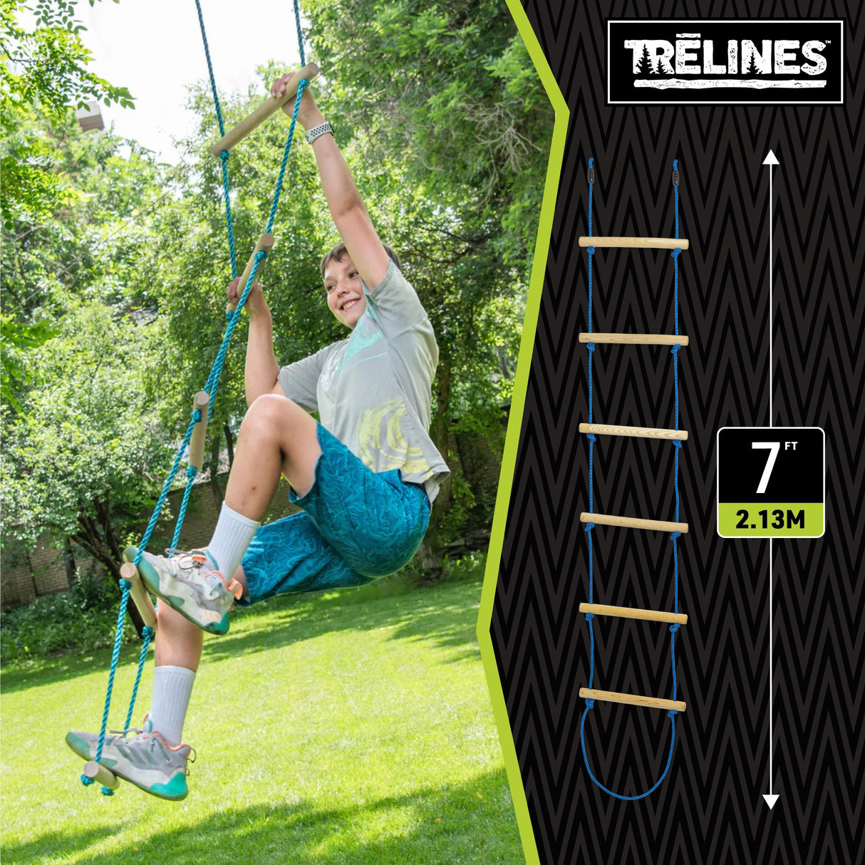Trelines 7' Wooden Climbing Rope Ladder - The Ultimate Kids' Ninja Warrior Obstacle Course Accessory - Perfect for Enhancing a Ninja or Swing Set Kit, or Even Over Tree Branch. Get Outside Hape