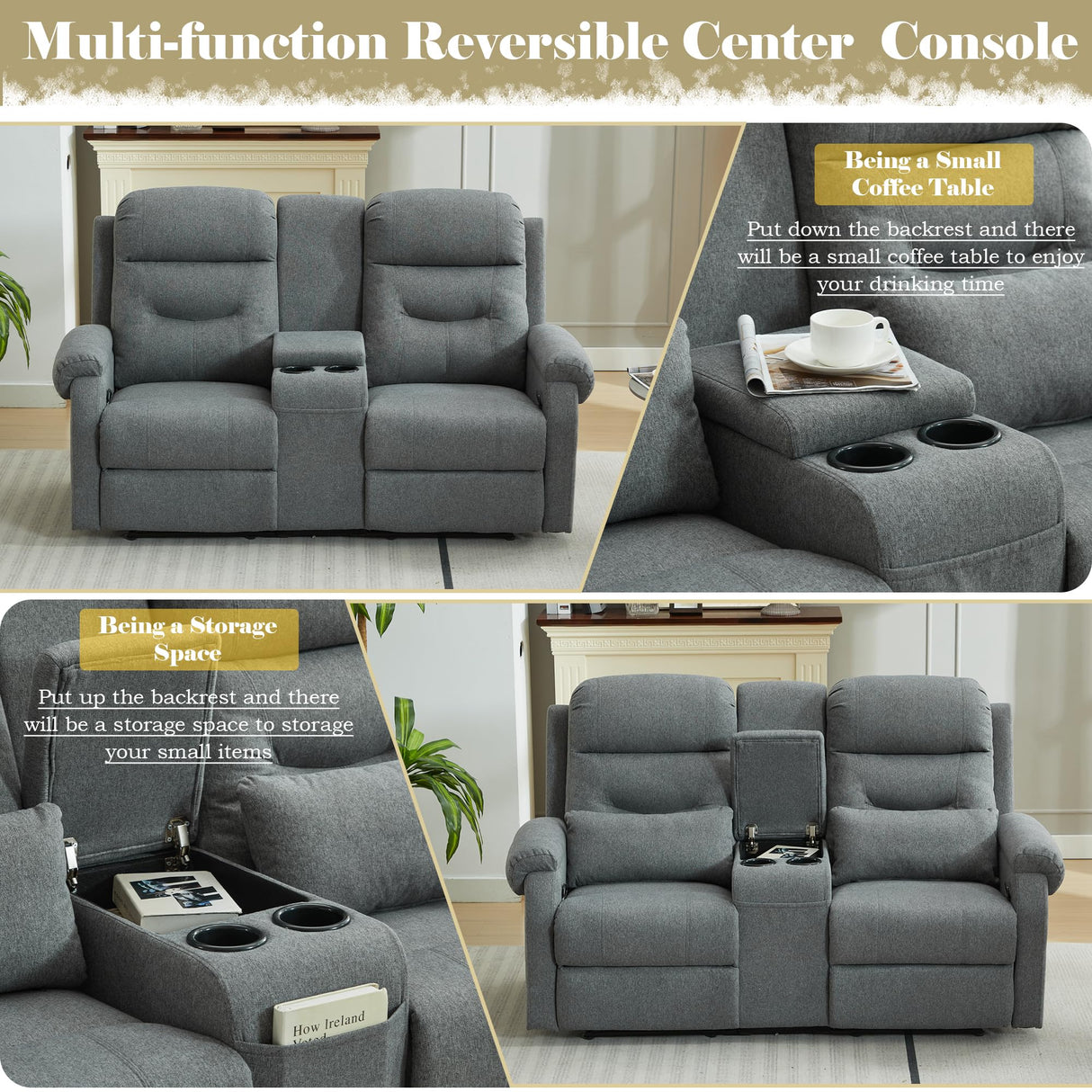 DRMBOOK RV Loveseat Recliner Sofa, Linen Double Wall Hugger Reclining Sofa with Console, Home Movie Theater Seating Chair with Cup Holders, Oversized 2 Person Couch Furniture for Living Room, Grey DRMBOOK