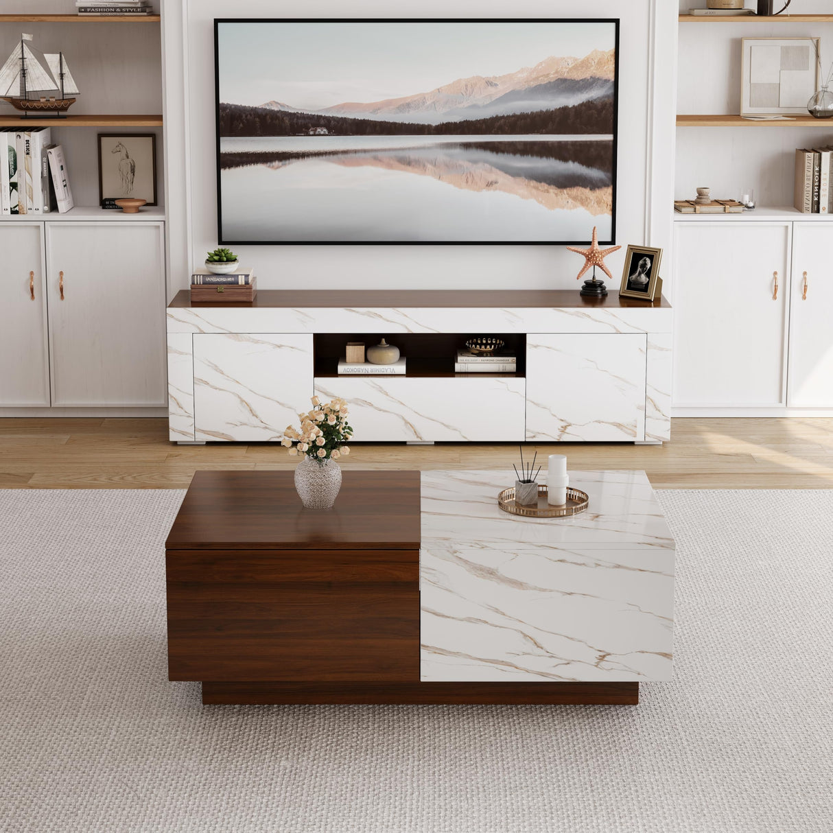 Lift Top Coffee Tables for Living Room, 43" LED Wooden Center Tables with Storage Shelf, Hidden Compartment and Drawer for Home (Walnut Grain and Marble White) Svimi