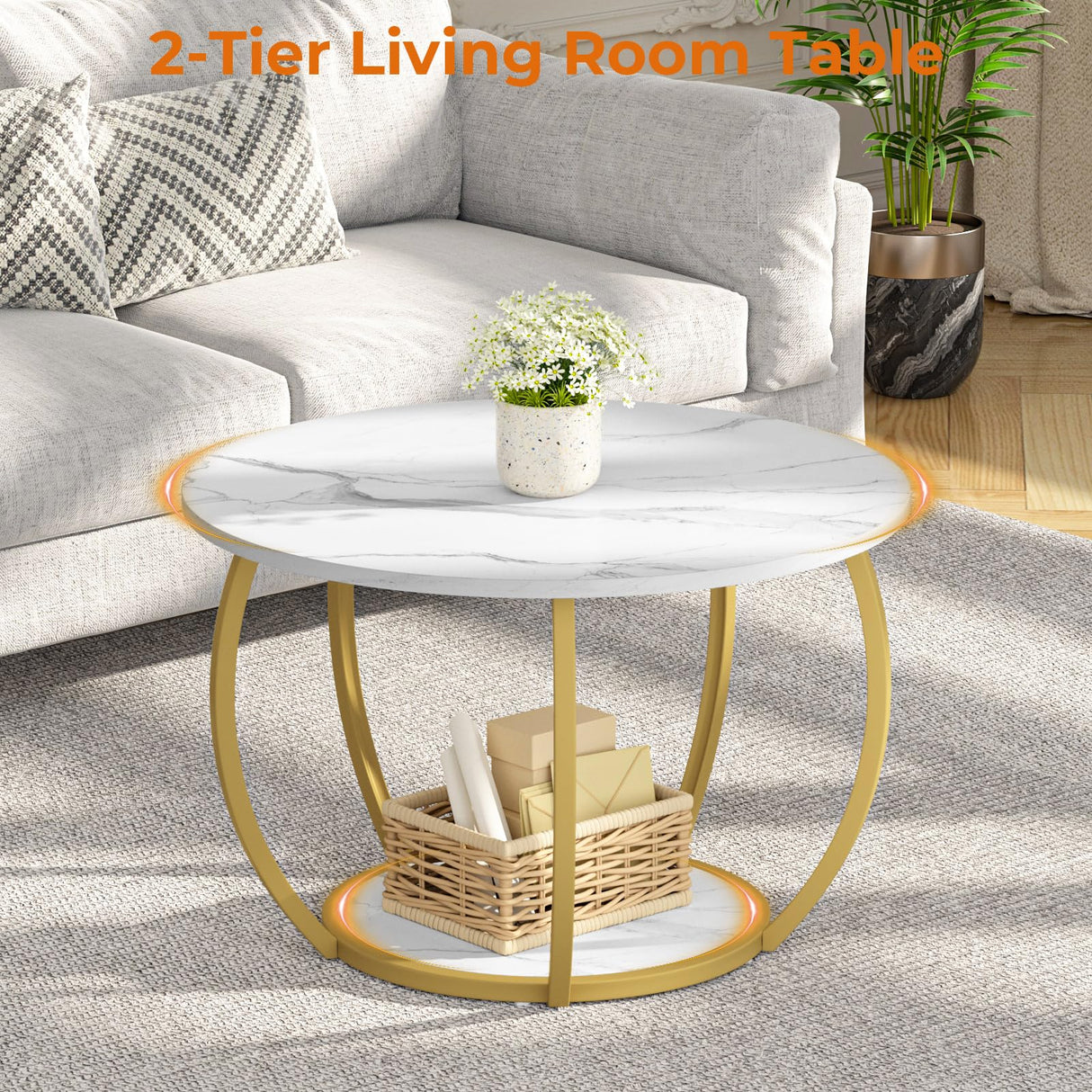 GreenForest Round Coffee Table with Storage, 27.6 inch Small Living Room Tables with Adjustable Feet, 2-Tier Farmhouse Center Table for Home Office, Marble GreenForest