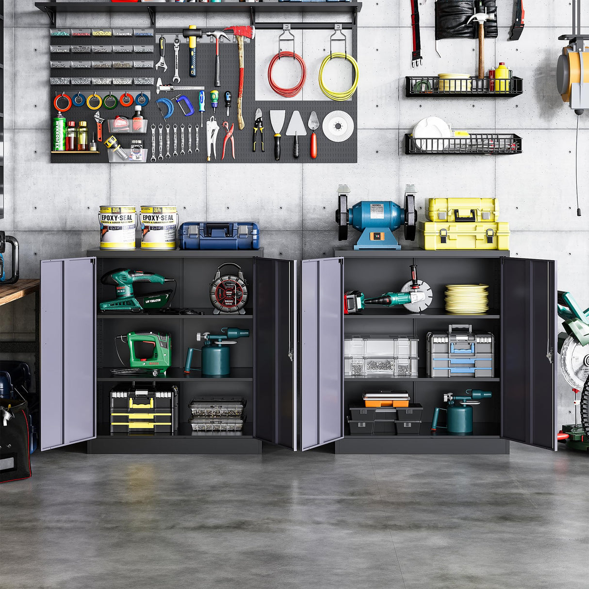 STANI Metal Storage Cabinet with 2 Adjustable Shelves, Steel Counter Cabinet with Lockable Doors for Home Office Warehouse Garage (Black Grey, 36" H-Style 2) STANI