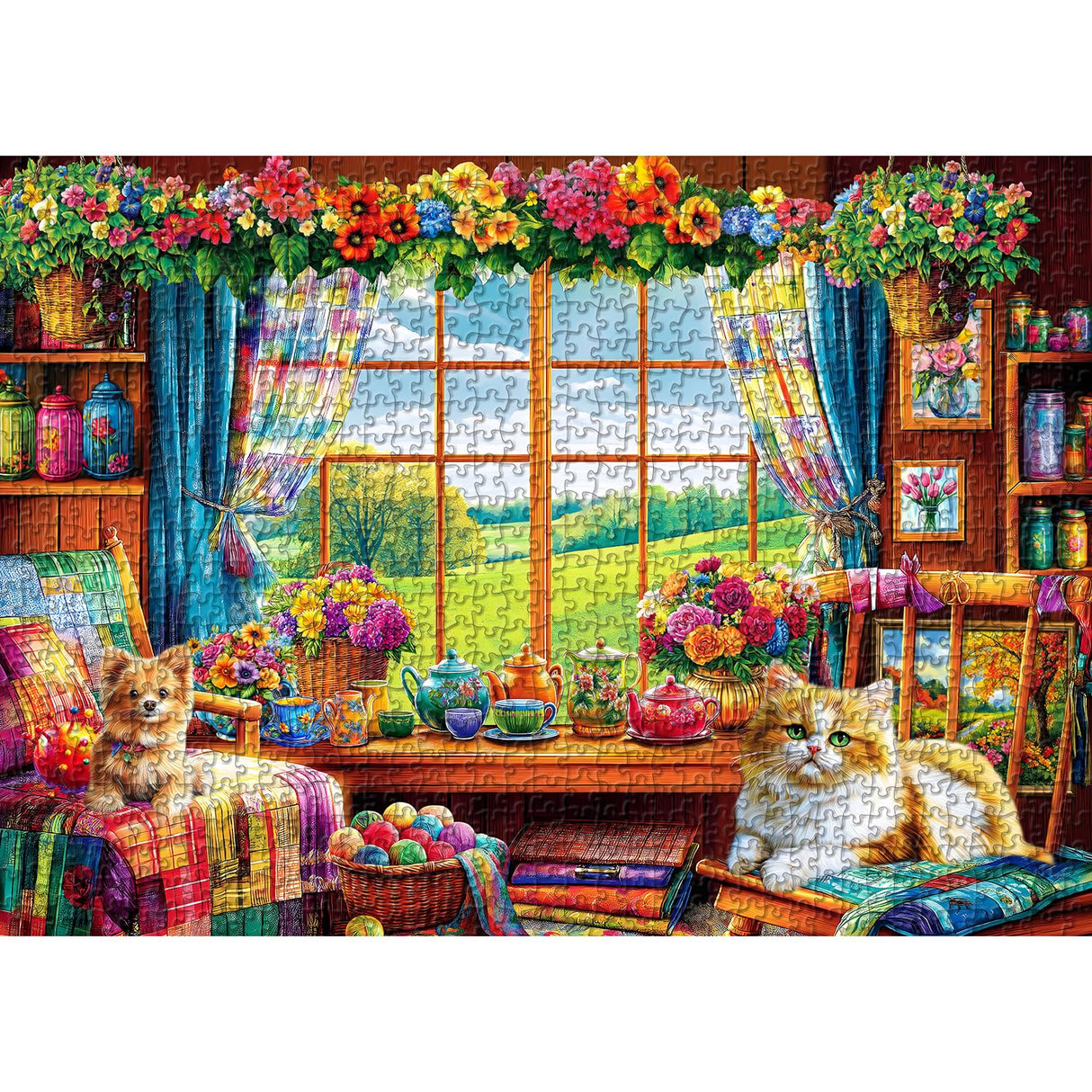 Flower Garden Puzzle for Adults 1000 Pieces, PICKFORU Nature Puzzle Features Flowers Teacups, Quilt, Dog Cat Puzzle, Spring Plant Floral Puzzle Challenging PICKFORU