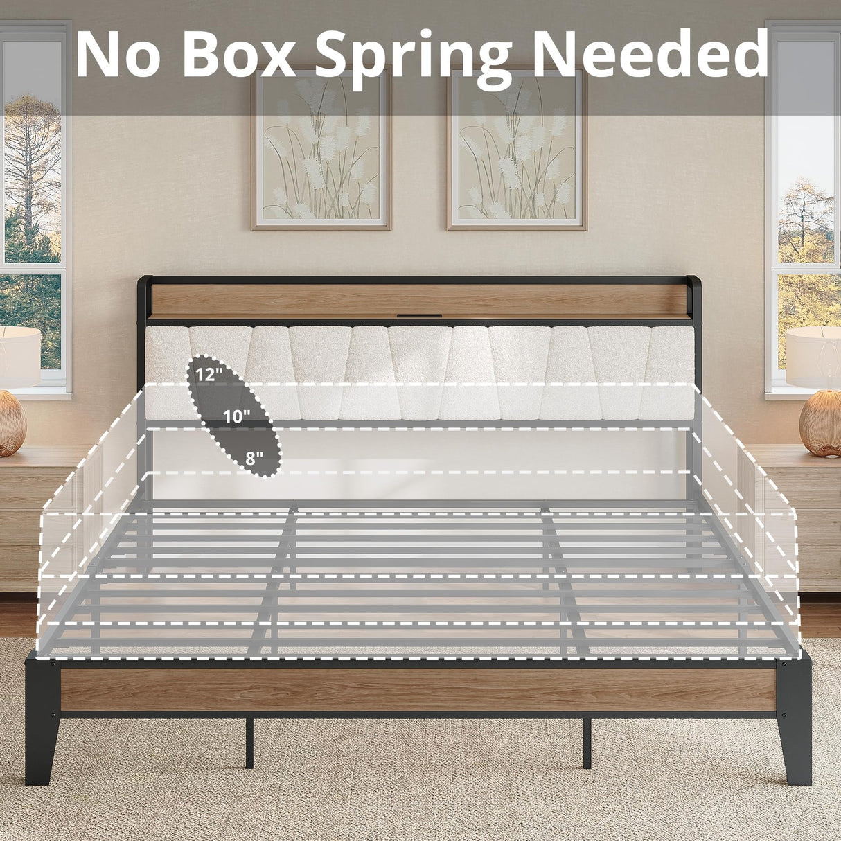 LIKIMIO King Bed Frames, Storage Headboard with Charging Station, Solid and Stable, Noise Free, No Box Spring Needed, Easy Assembly, Wood and Cream LIKIMIO